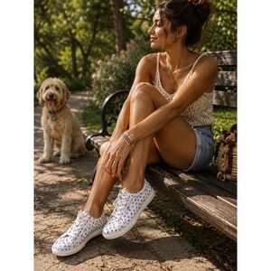 Skechers BOBS Beach Bingo White Dog Print Sneakers 114776 Womens Size 8